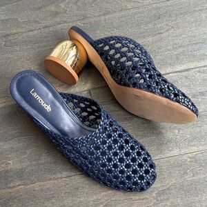 NEW Larroude Navy Woven Leather Mules with Gold Accent Heel